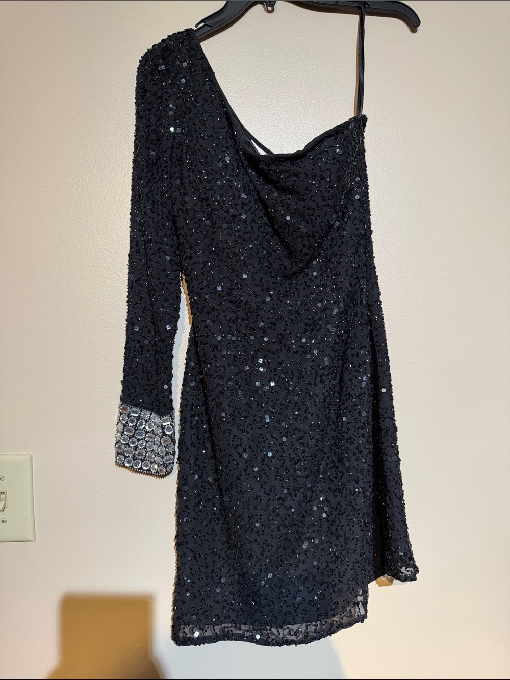 Black One-Shoulder Sequin Dress with Crystal Cuff